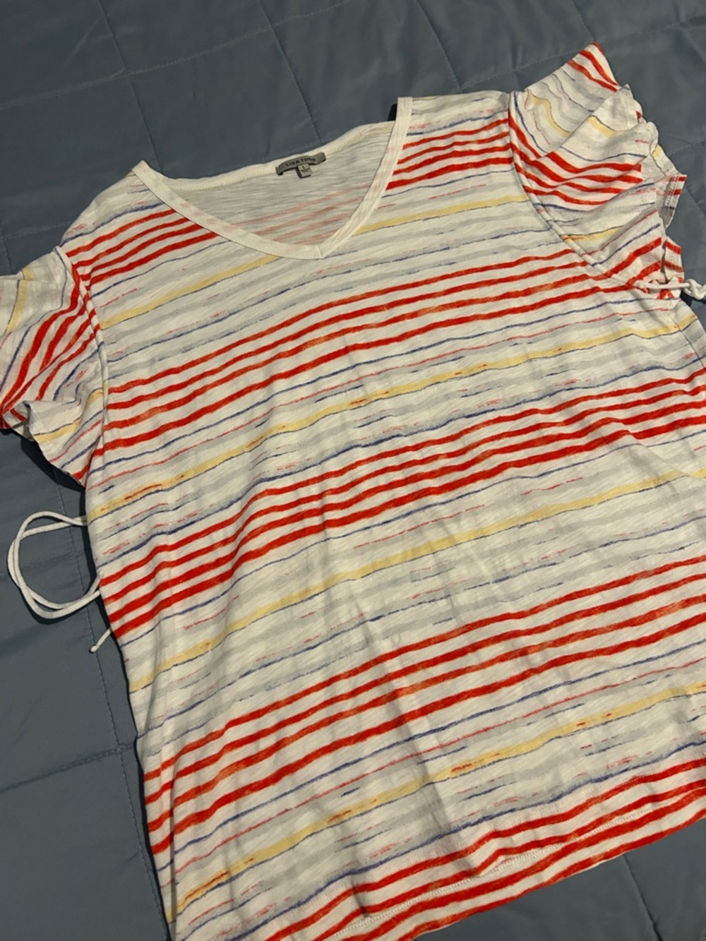 Lisa Todd Women’s Striped V-Neck Tee - White with Red & Yellow Stripes size L
